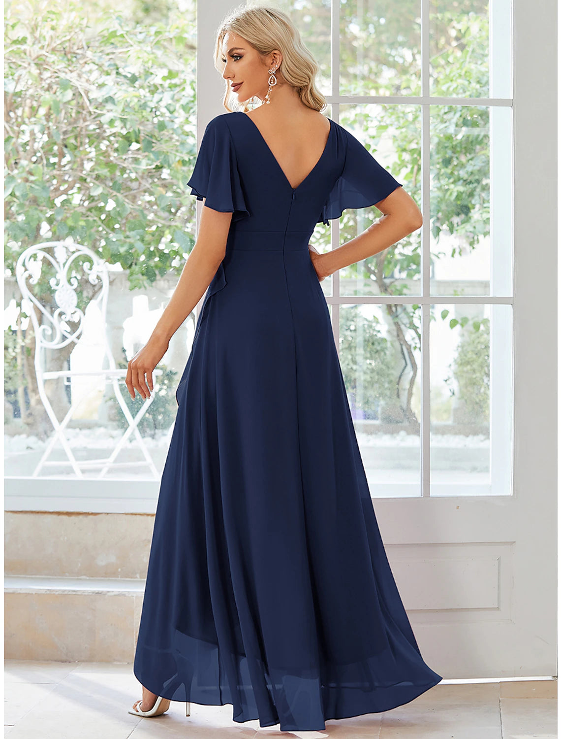 A-Linie Hochzeitsgastkleider Freizeitkleid Partykleid Hochzeitsfeier Asymmetrisch Kurzarm V-Ausschnitt Brautjungfernkleid Chiffon mit Rüschen Reine Farbe